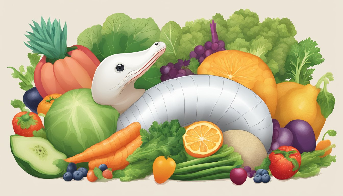 A geoduck surrounded by various fruits and vegetables, with a large "yes" symbol next to it, indicating that diabetics can eat geoduck