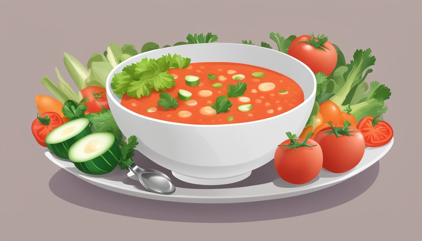 A bowl of gazpacho surrounded by fresh vegetables and a spoon, with a diabetic-friendly label on the side