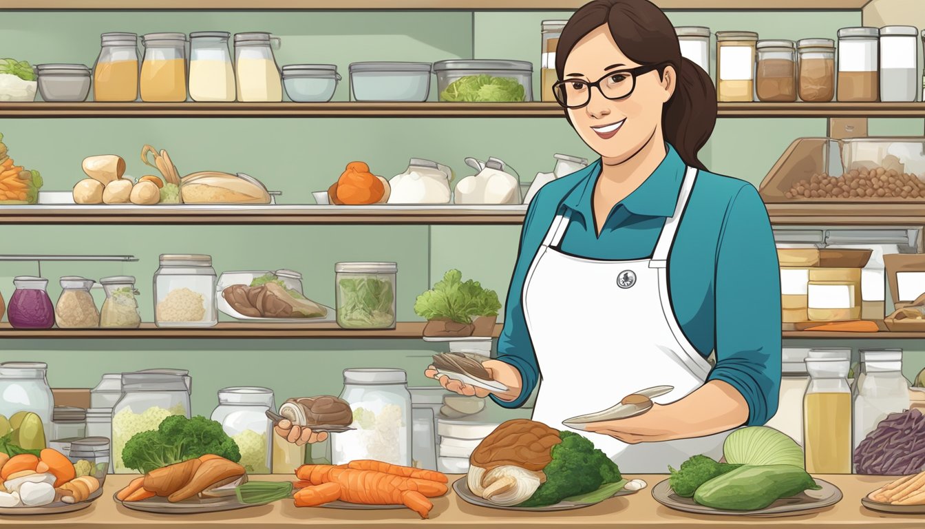 A dietician holding geoduck and various food items, discussing dietary options for diabetics