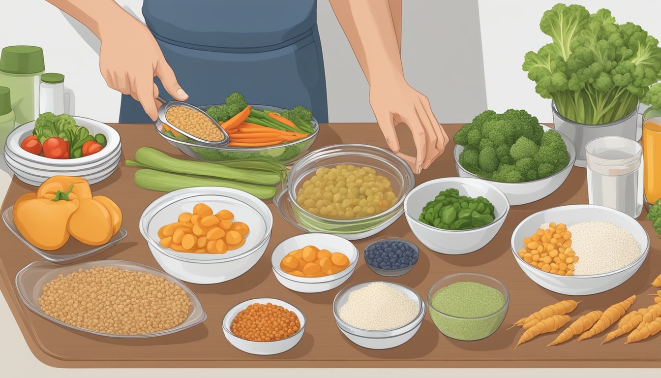 A diabetic person preparing a balanced meal with vegetables, lean protein, and whole grains, while avoiding processed and sugary foods