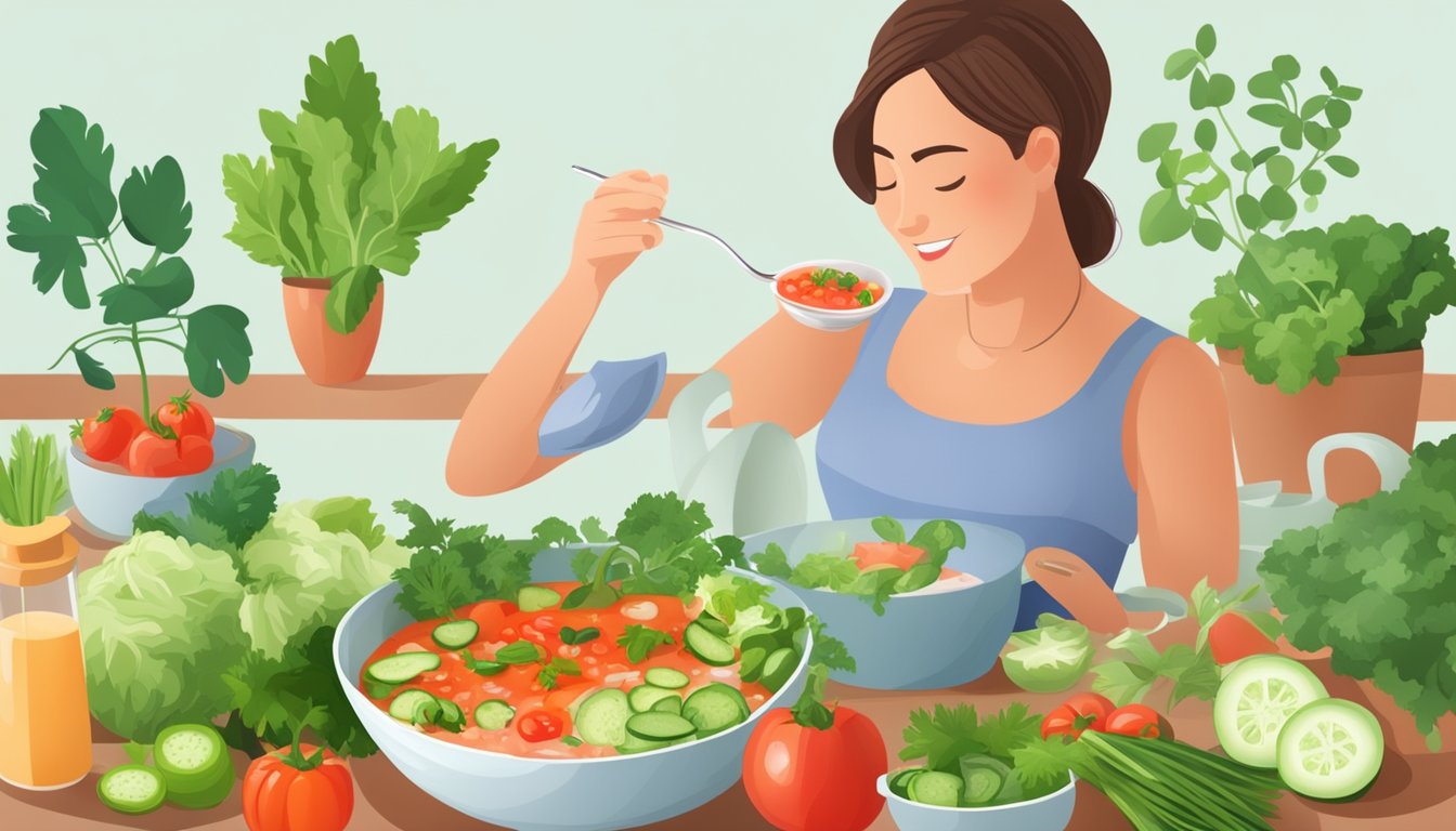 A diabetic person enjoying a bowl of gazpacho surrounded by fresh vegetables and herbs