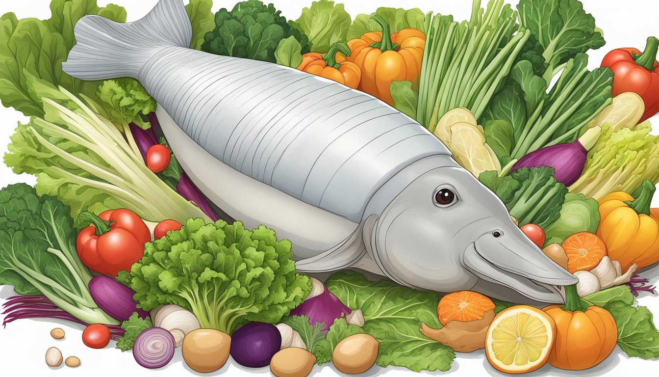 A geoduck resting on a bed of leafy greens and colorful vegetables, surrounded by a variety of diabetic-friendly foods