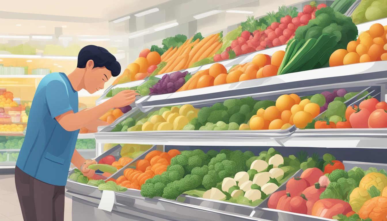 A person with diabetes choosing fruits and vegetables over geoduck at a grocery store