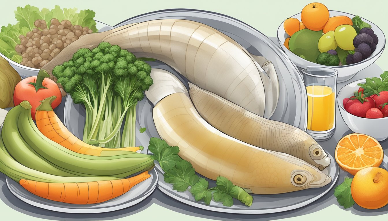 A geoduck on a plate surrounded by various fruits and vegetables, with a diabetic-friendly meal plan chart in the background