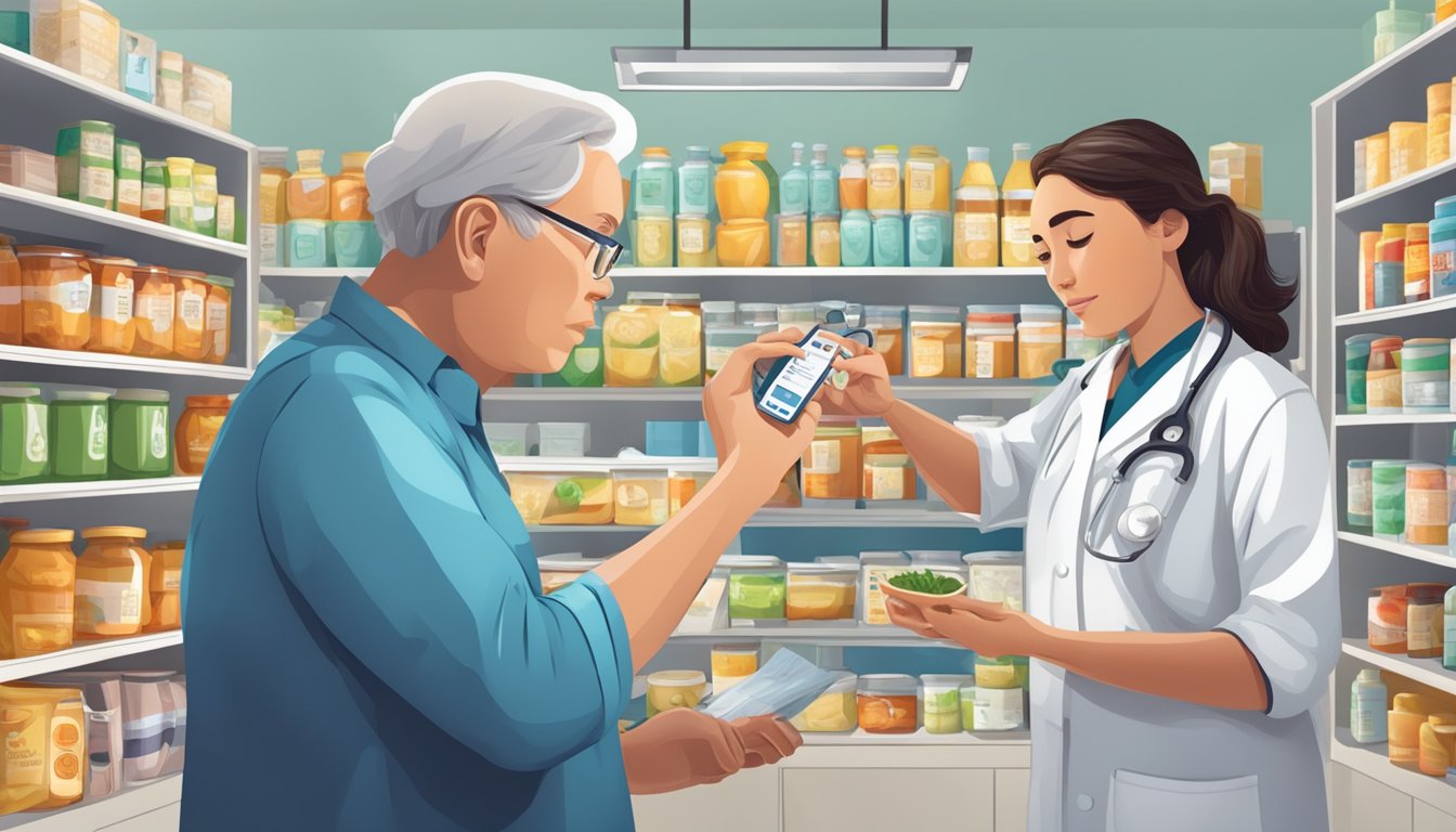 A person with diabetes examines a food label with glycerol while a doctor provides guidance