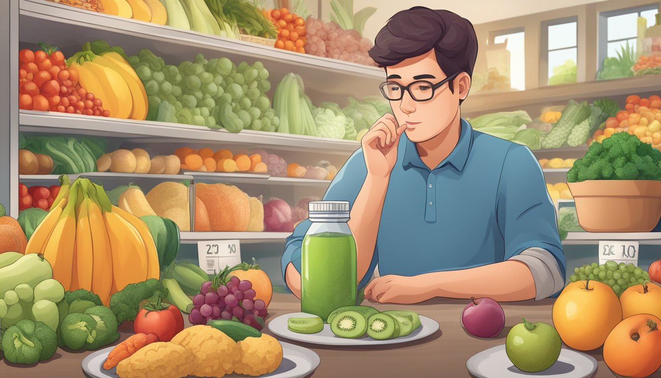 A person with diabetes considering a food label with glycerol listed as an ingredient, while surrounded by various fruits, vegetables, and whole grains