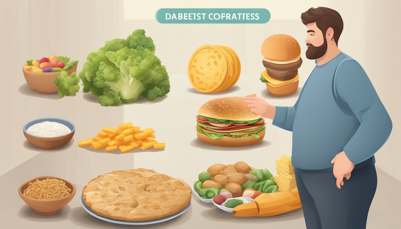 A diabetic person choosing between foods high in carbohydrates and foods low in carbohydrates