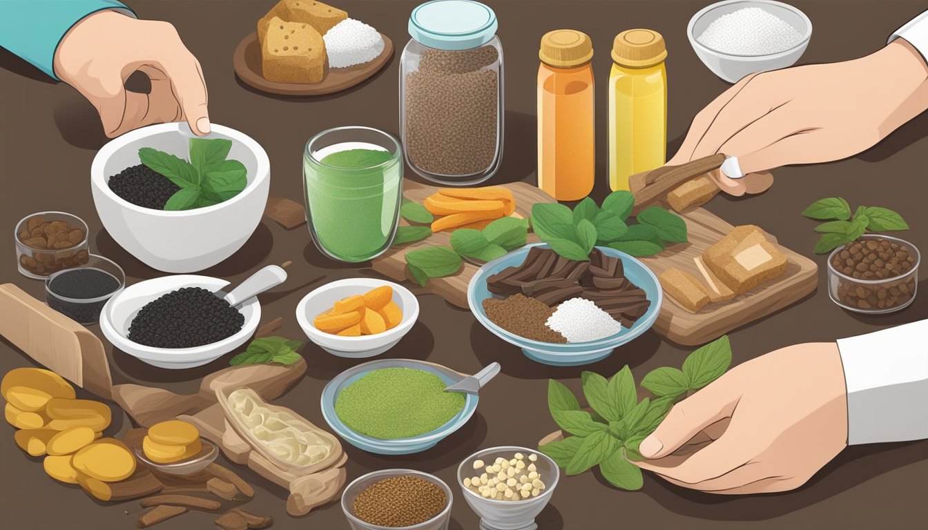 A table with various food items, including licorice root, stevia, and sugar, with a diabetic person choosing what to eat