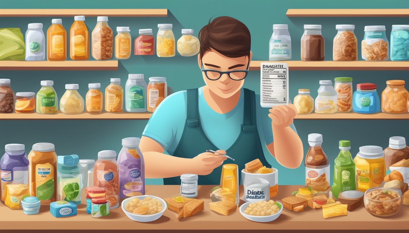 A diabetic person examining food labels with glycerol listed as an ingredient, surrounded by various sugar alcohols and diabetic-friendly snacks