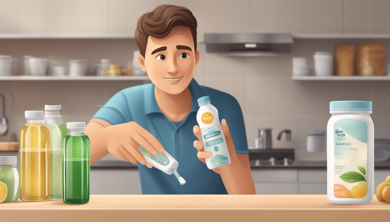 A diabetic person comparing a bottle of glycerol with natural and artificial sweeteners on a kitchen counter