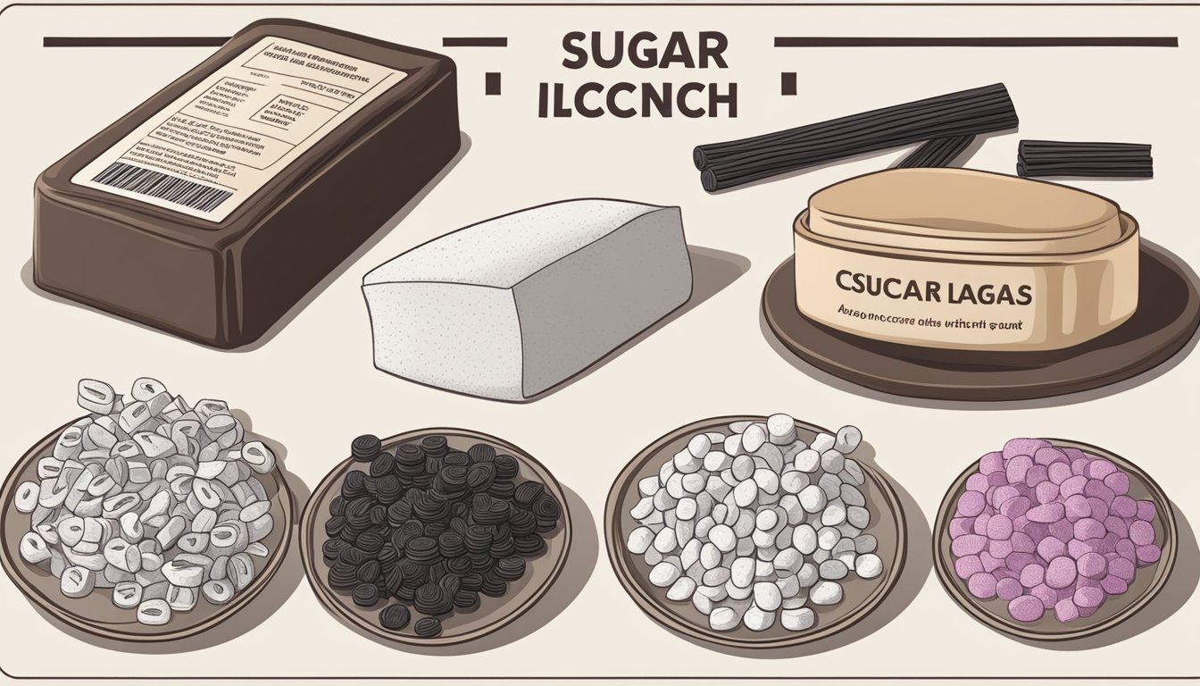 A table with various licorice products and a nutrition label showing sugar content