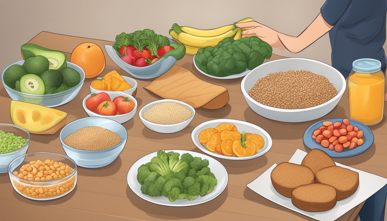 A diabetic person preparing a balanced meal with fruits, vegetables, lean protein, and whole grains, while avoiding sugary and processed foods