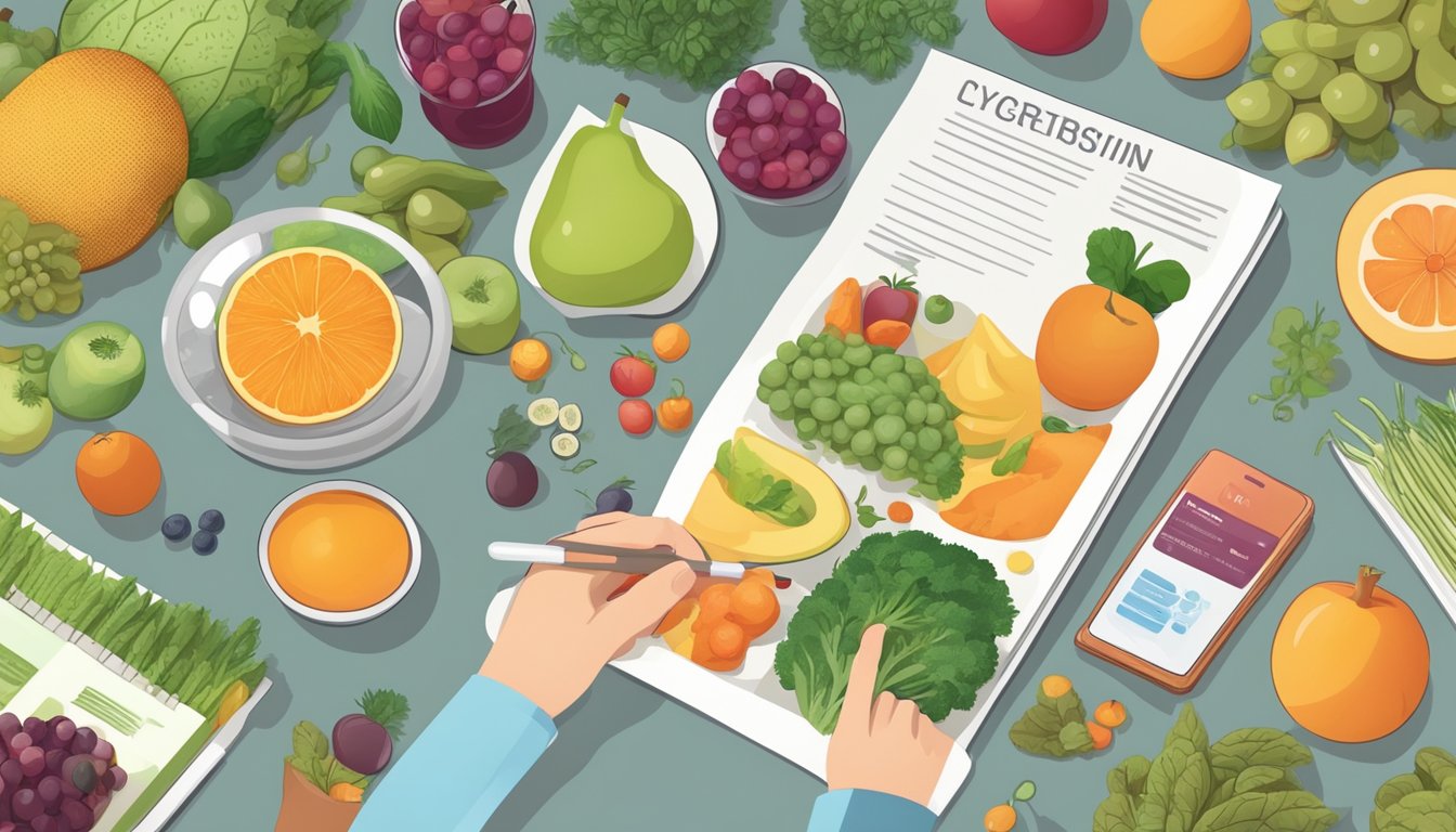 A diabetic person researching glycyrrhizin while surrounded by various fruits, vegetables, and a nutrition guide