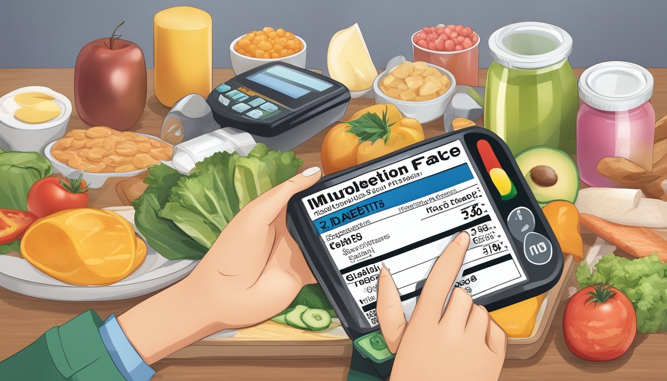 A diabetic person reading a food label with glycerol listed as an ingredient, surrounded by various healthy food options and a glucose monitoring device