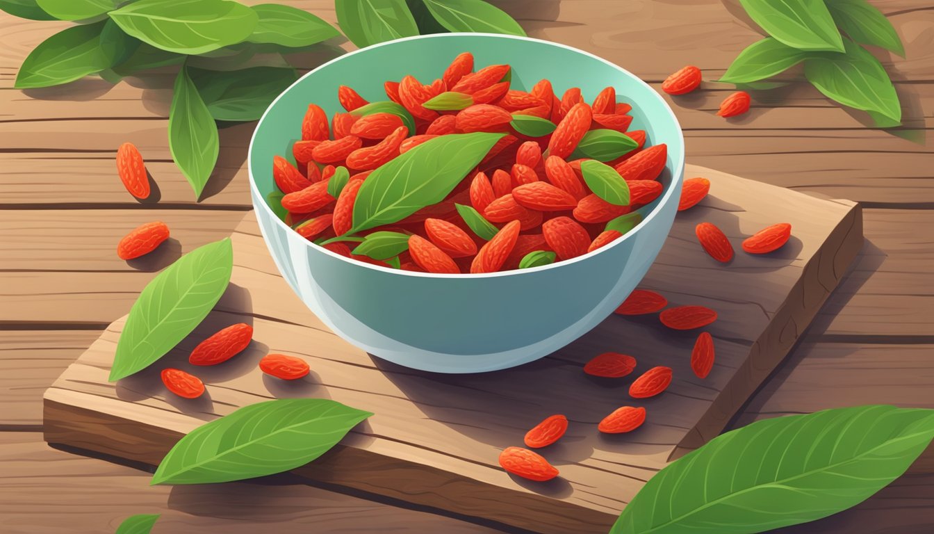 A bowl of fresh goji berries sits on a wooden table, surrounded by green leaves and a few scattered berries