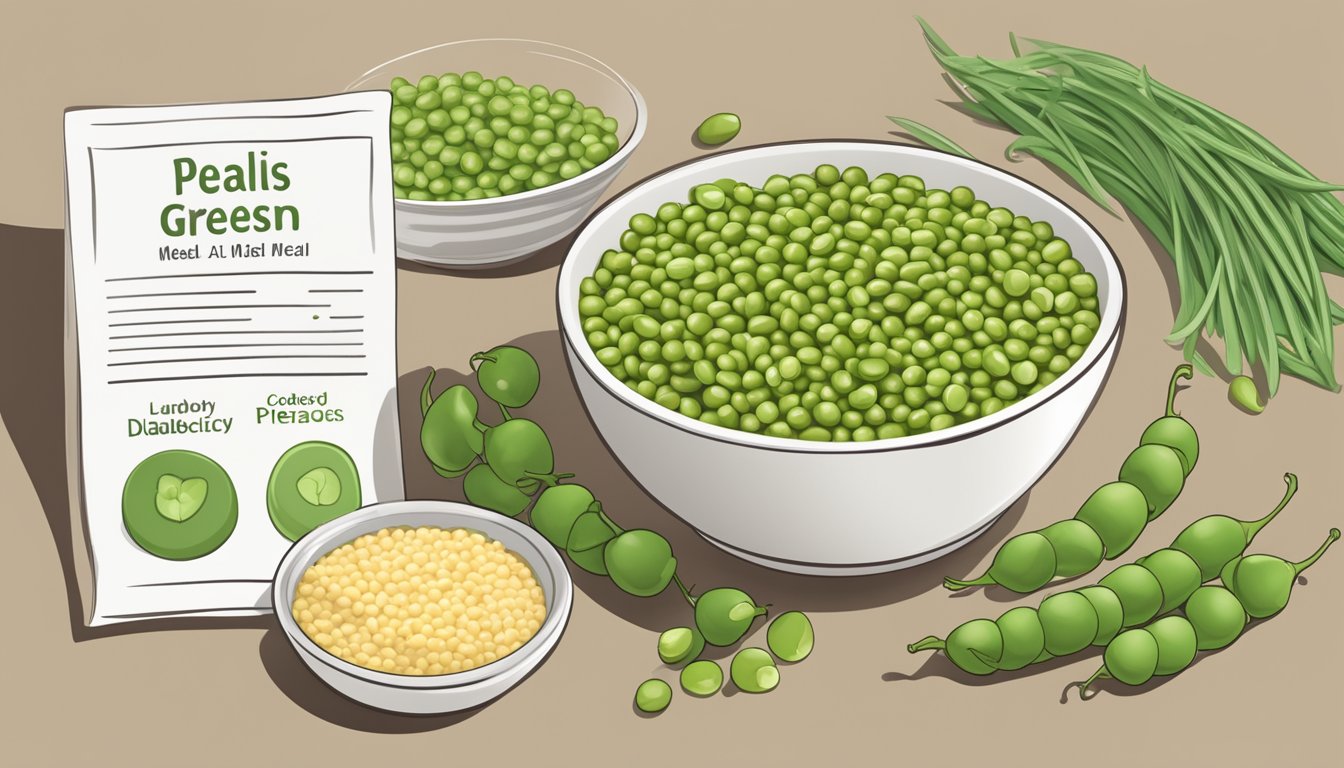 A bowl of cooked green split peas surrounded by fresh peas, a nutrition label, and a diabetic-friendly meal