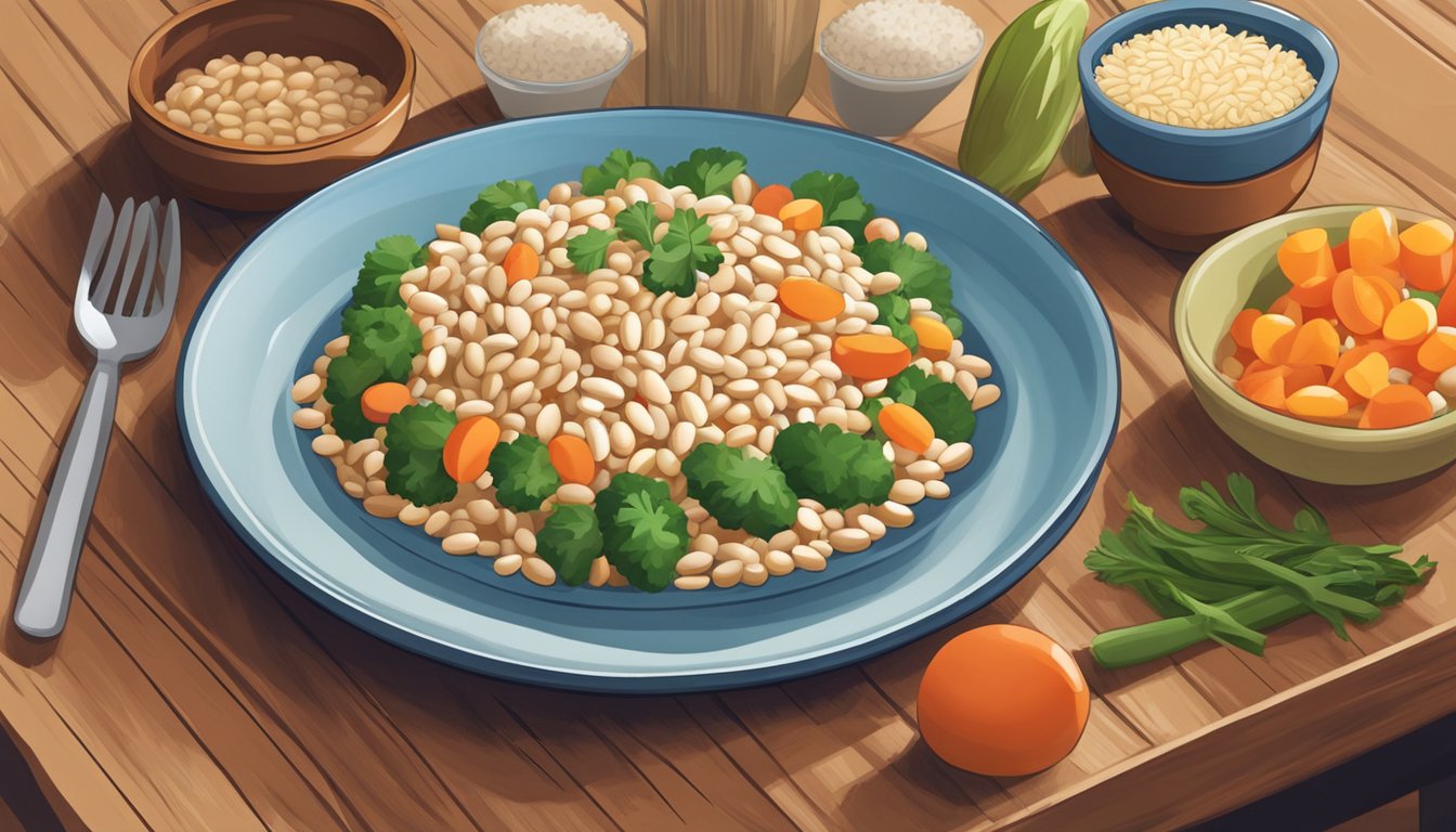 A colorful plate of great northern beans, surrounded by fresh vegetables and a measuring cup of brown rice, sitting on a kitchen table