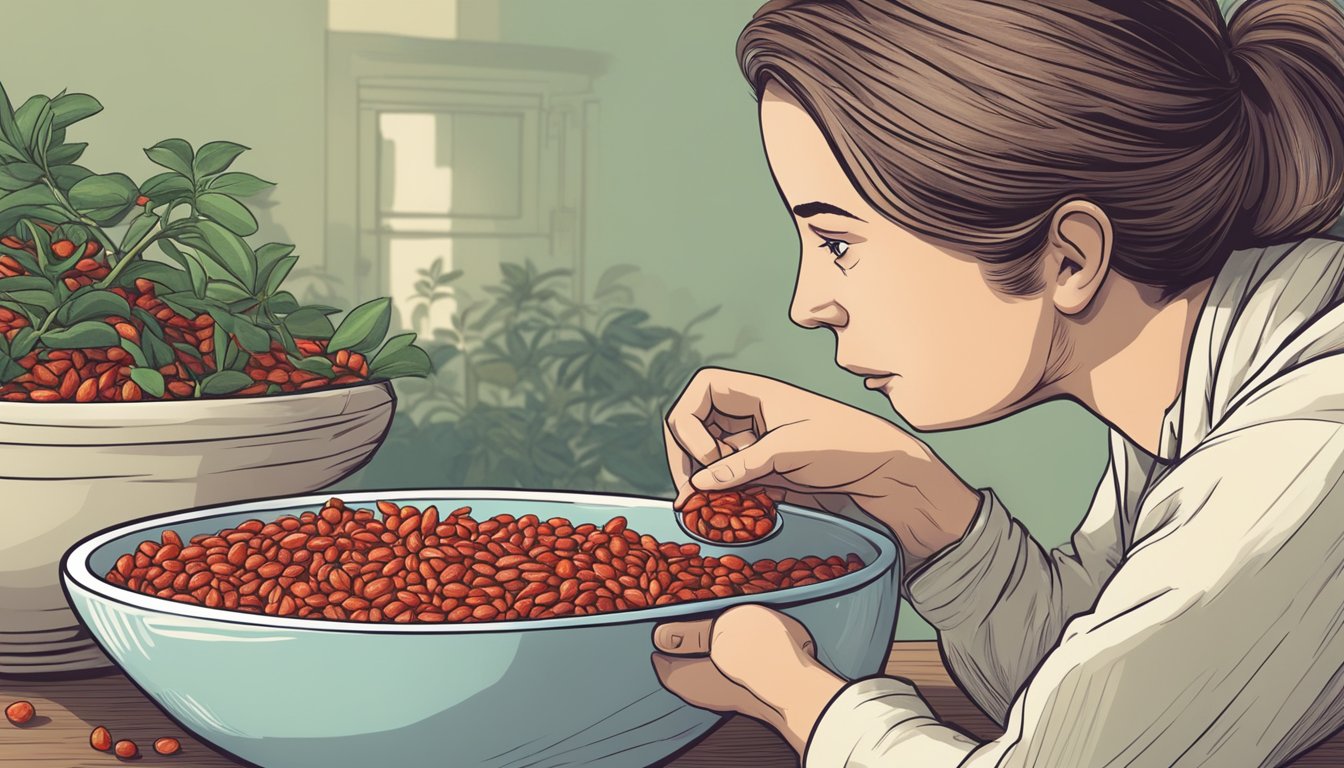 A diabetic person cautiously inspecting a bowl of goji berries with a concerned expression