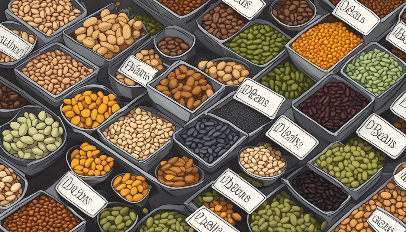 A variety of beans arranged on a table, including great northern beans, with a diabetic-friendly label