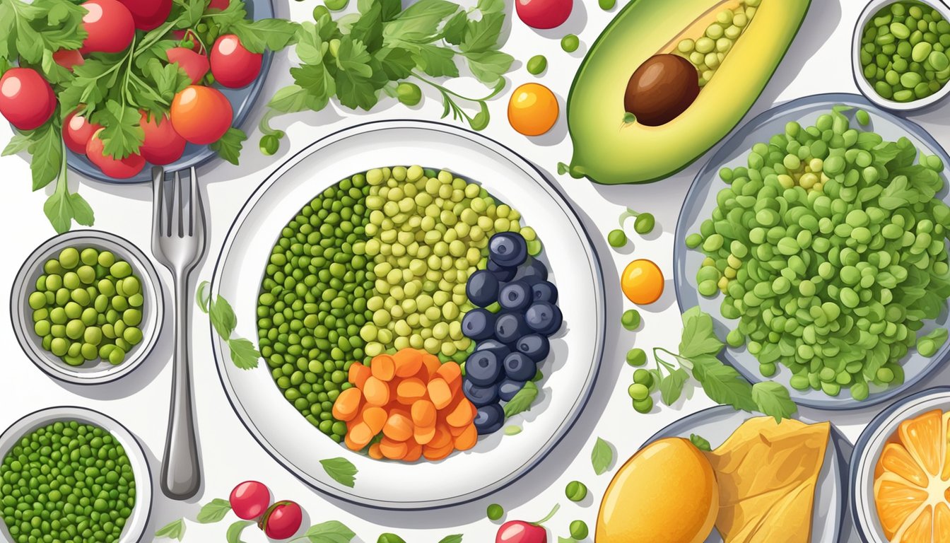 A colorful plate with a serving of cooked green split peas surrounded by various fresh vegetables and fruits