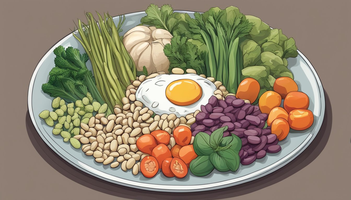 A plate of great northern beans surrounded by a variety of vegetables and herbs, with a diabetic-friendly food label next to it