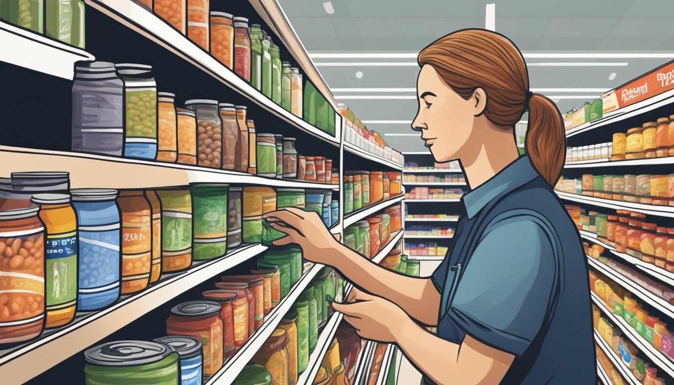 A person with diabetes carefully selecting great northern beans from a variety of canned goods in a grocery store aisle