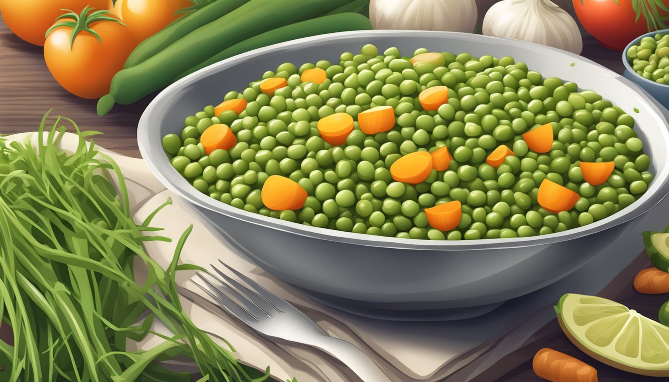 A bowl of cooked green split peas surrounded by fresh vegetables and a diabetic-friendly recipe book