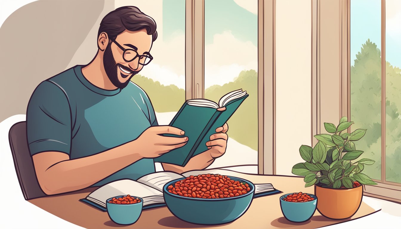 A diabetic person happily snacking on a bowl of goji berries while reading a book on nutrition