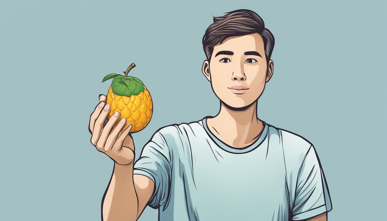 A person with diabetes holding a grumichama fruit, with a question mark above their head