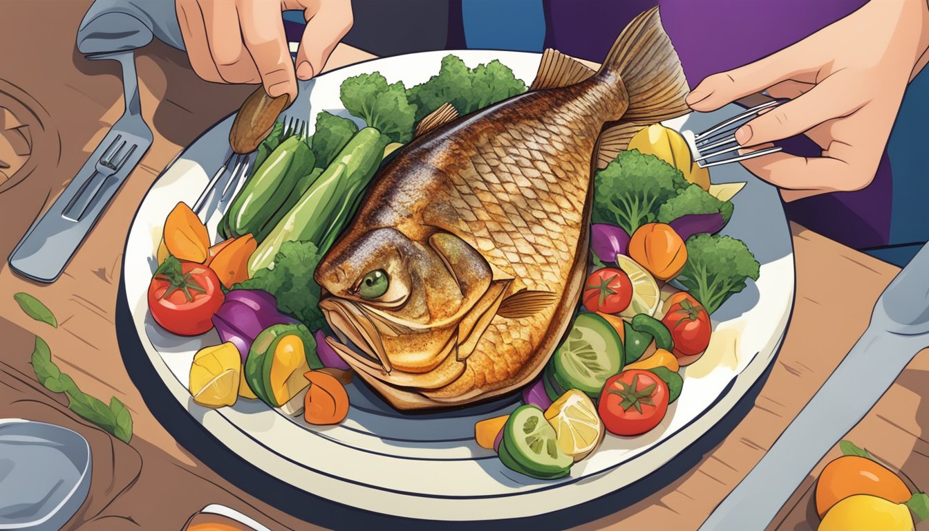 A person with diabetes happily eating a grilled grouper with a variety of colorful vegetables on a plate