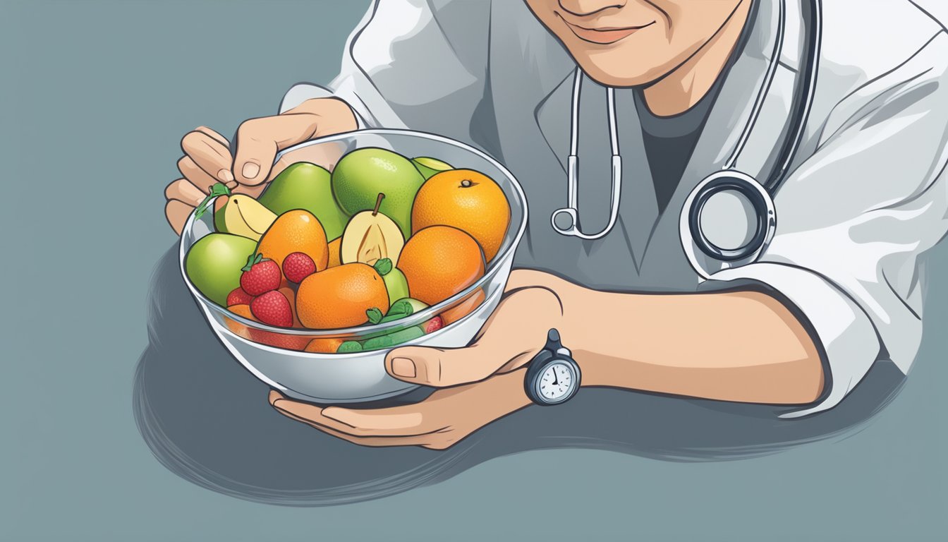 A diabetic person enjoying a bowl of grumichama fruit, with a doctor nodding in approval