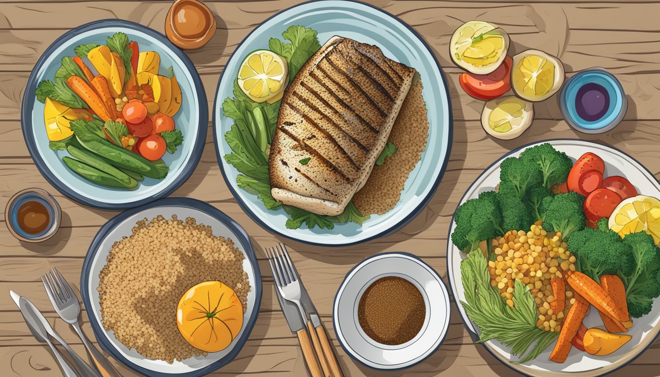 A plate with grilled grouper, surrounded by a variety of colorful vegetables and a small bowl of quinoa, showcasing a balanced and nutritious diabetic-friendly meal