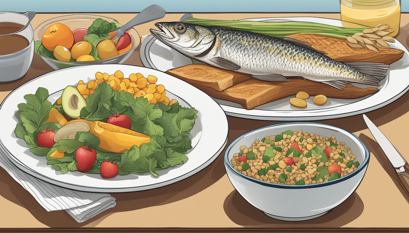 A table set with a variety of foods, including fruits, vegetables, and whole grains. A plate of grilled grenadier fish is prominently displayed, surrounded by nutritional information and a diabetes education booklet