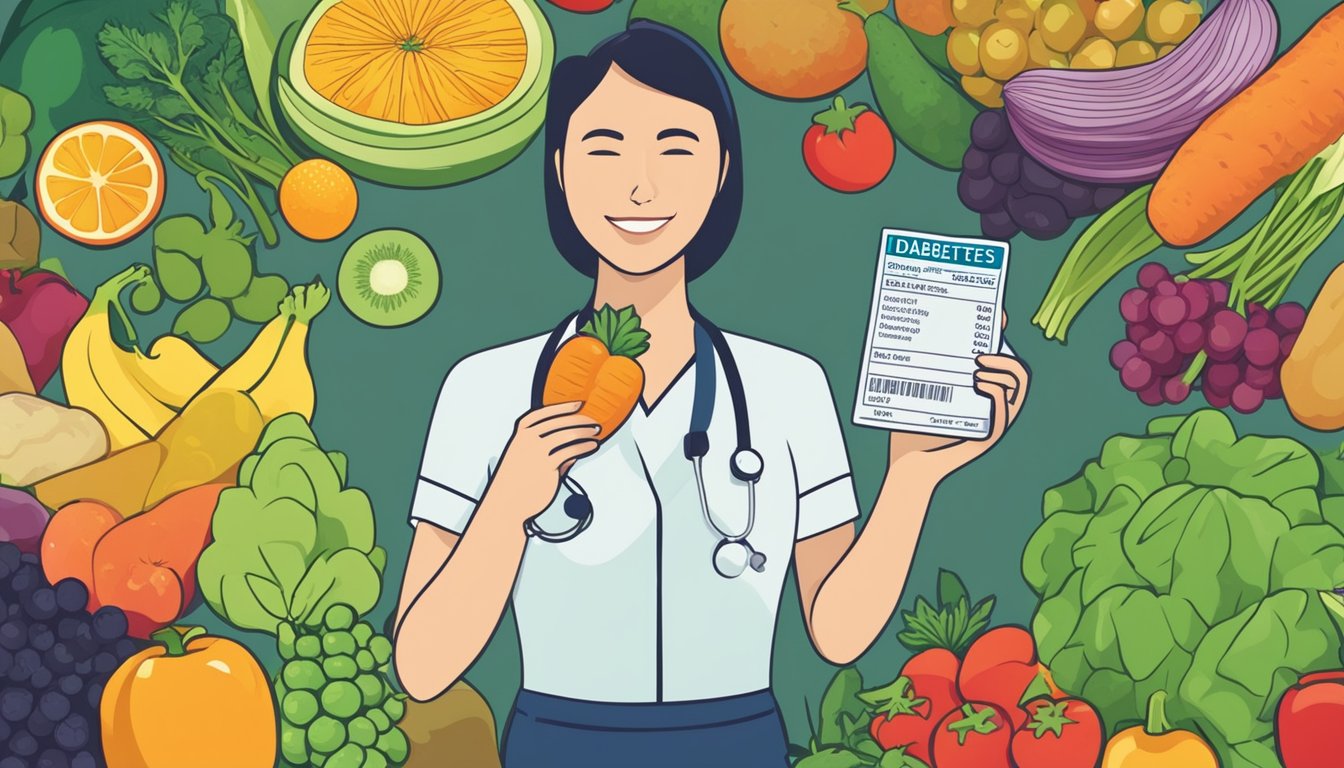 A person with diabetes holding a grumichama, surrounded by various fruits and vegetables, with a nutrition label and a medical professional in the background