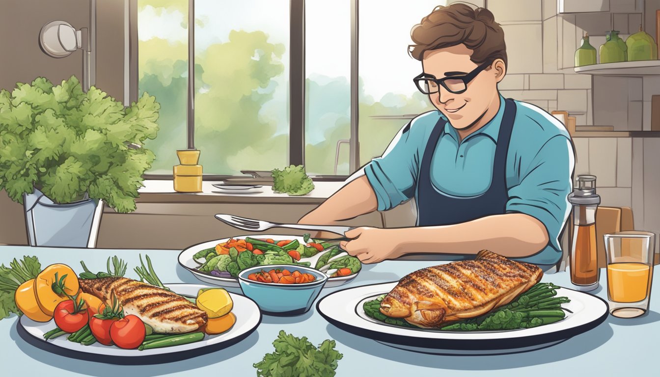 A person with diabetes enjoying a grilled grouper meal next to a plate of fresh vegetables