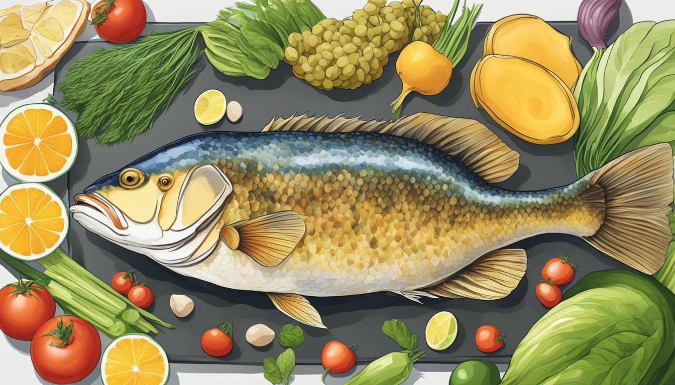 A grouper surrounded by various healthy foods, with a nutritional chart in the background