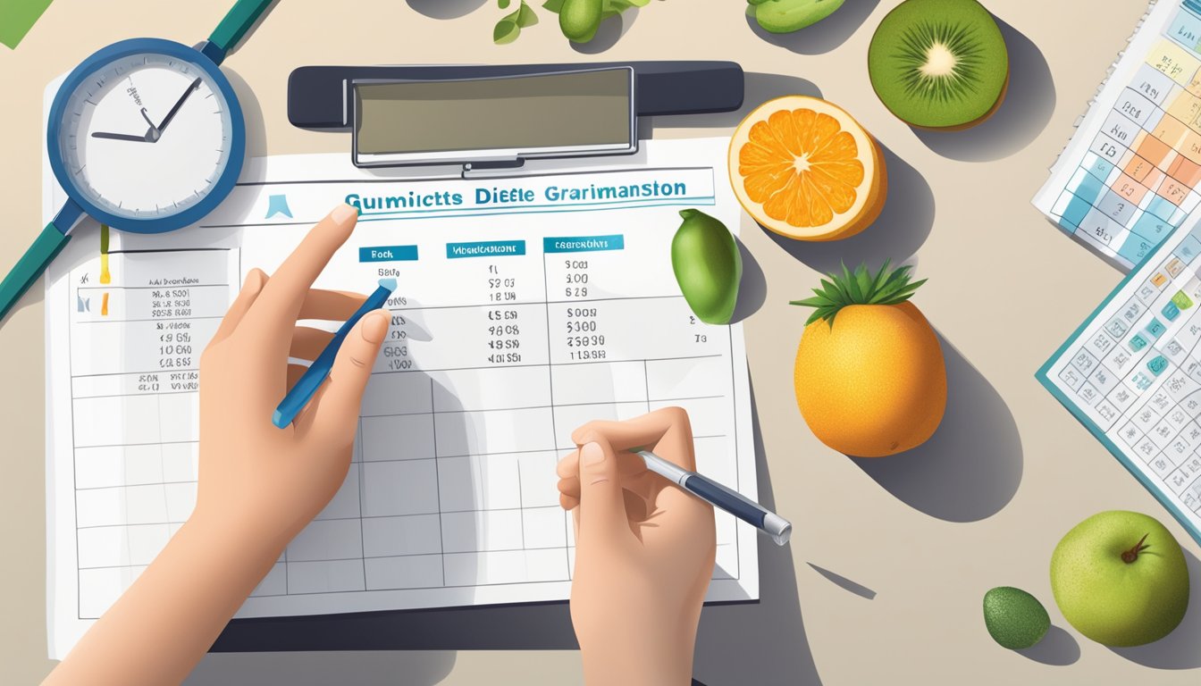 A person with diabetes holding a bowl of grumichama fruit while a nutritionist points to a balanced diabetic diet chart