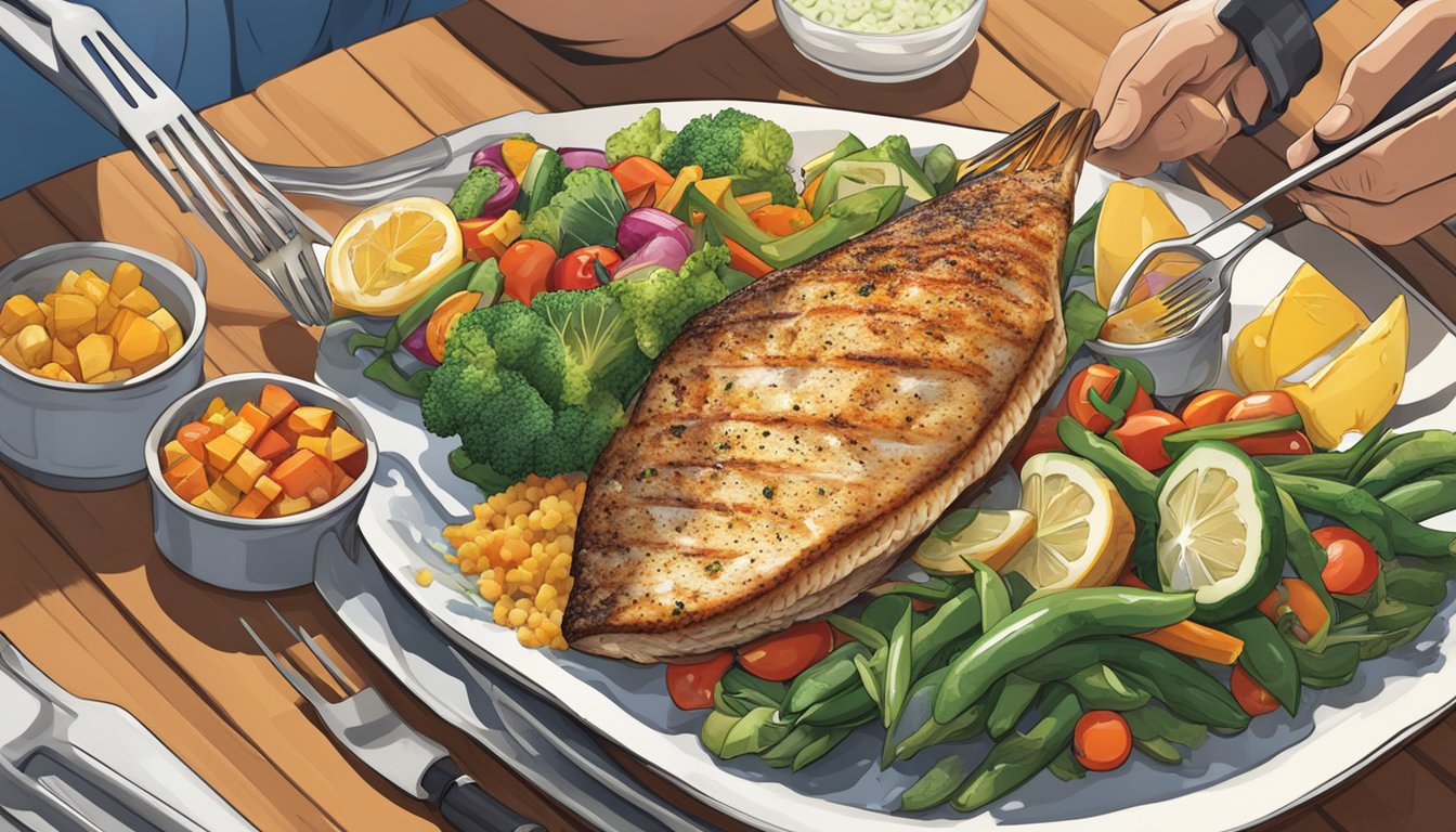 A diabetic person cooking and enjoying a grilled grouper meal with a variety of colorful vegetables on a plate