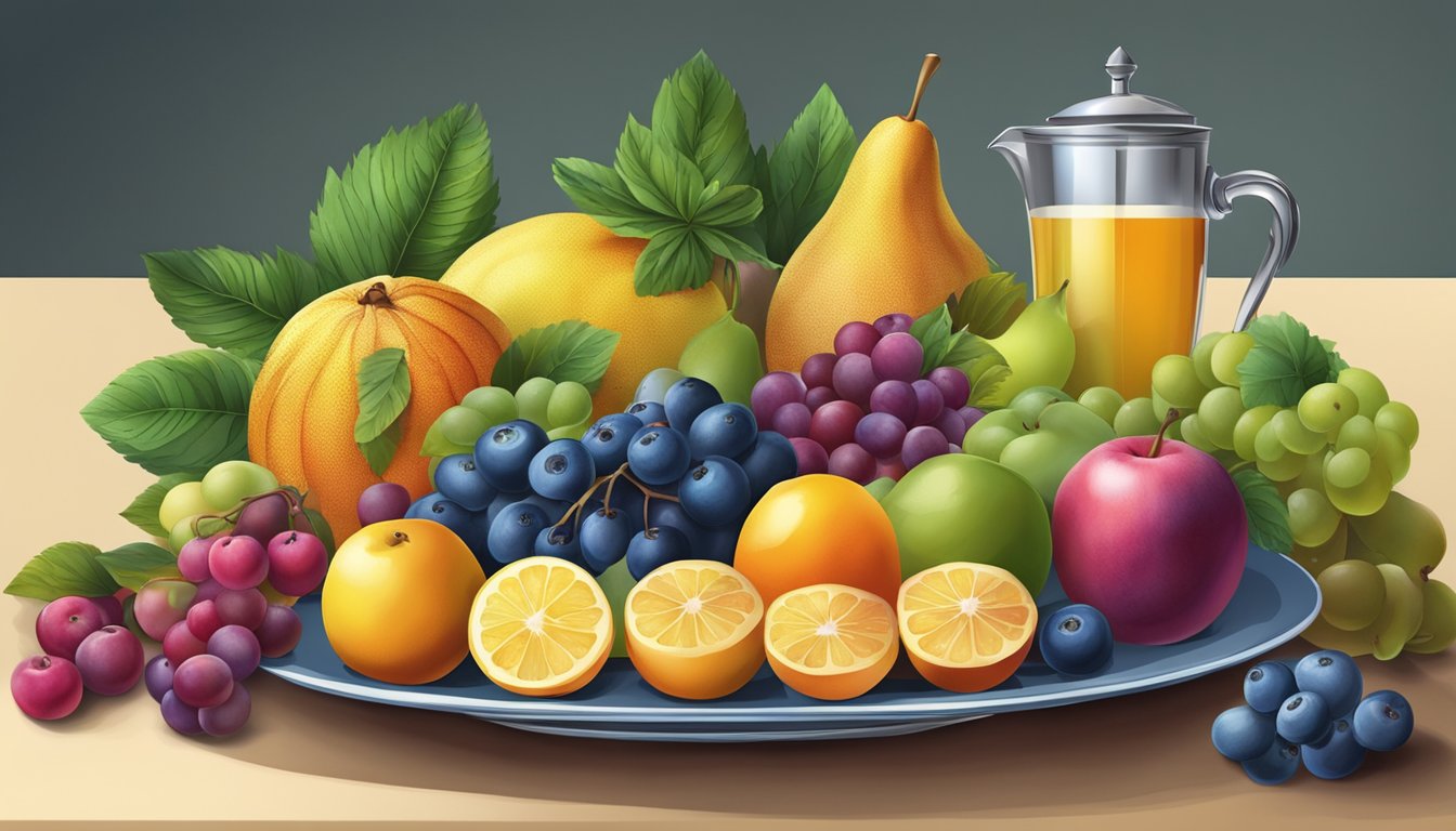 A colorful illustration of a variety of fruits, including grenadier, arranged on a table with a plate and utensils