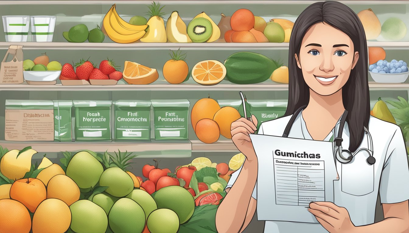 A diabetic person holding a grumichama fruit and a list of dietary precautions and tips in the background