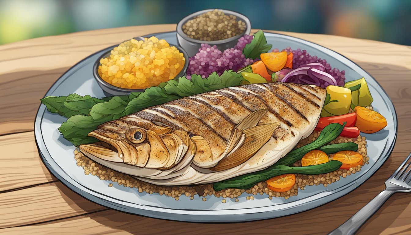 A plate of grilled grouper with colorful vegetables and a side of quinoa, set on a rustic wooden table