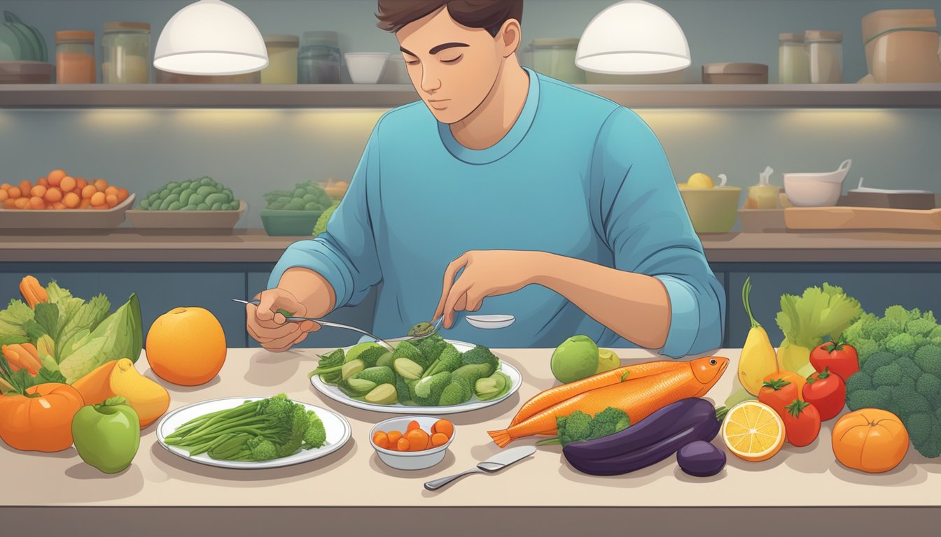 A person with diabetes carefully examining a plate of grenadier fish, surrounded by various fruits and vegetables, with a nutrition label in the background