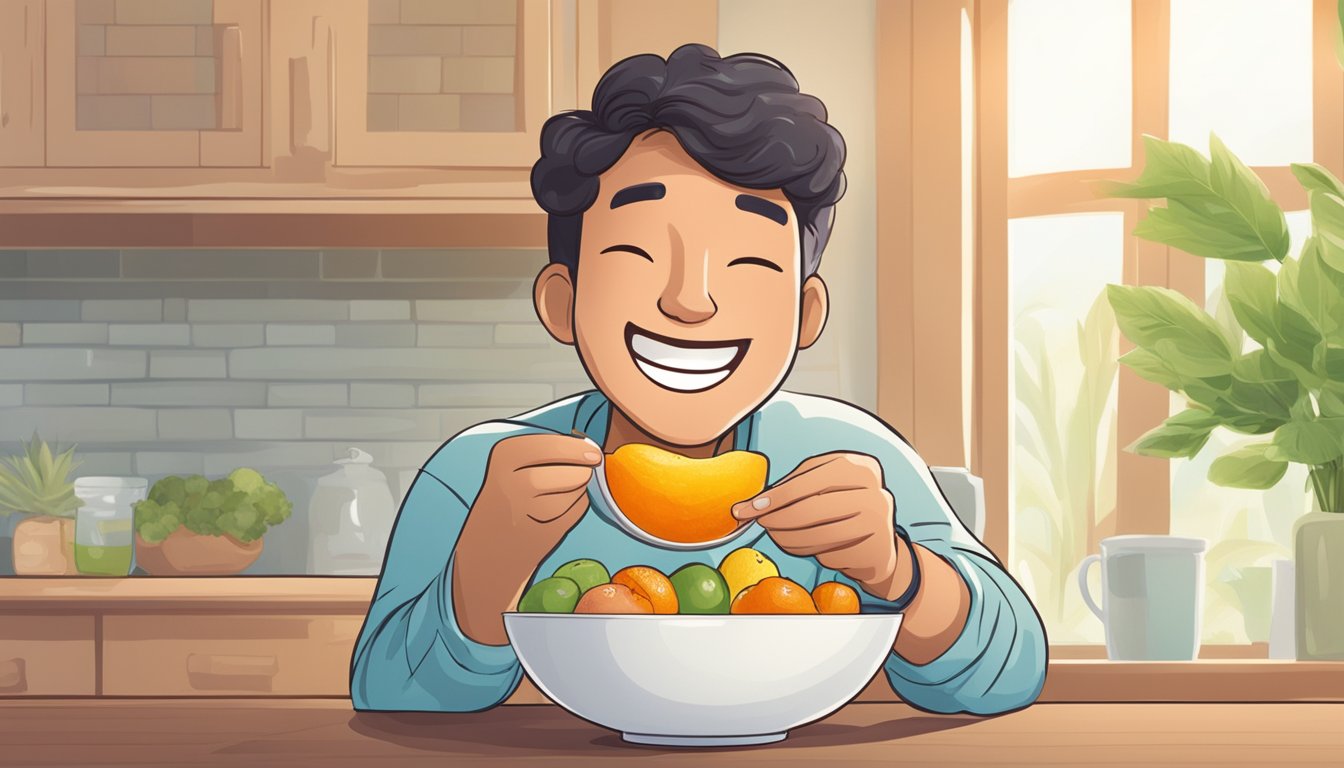 A diabetic person enjoying a bowl of grumichama fruit with a smile on their face