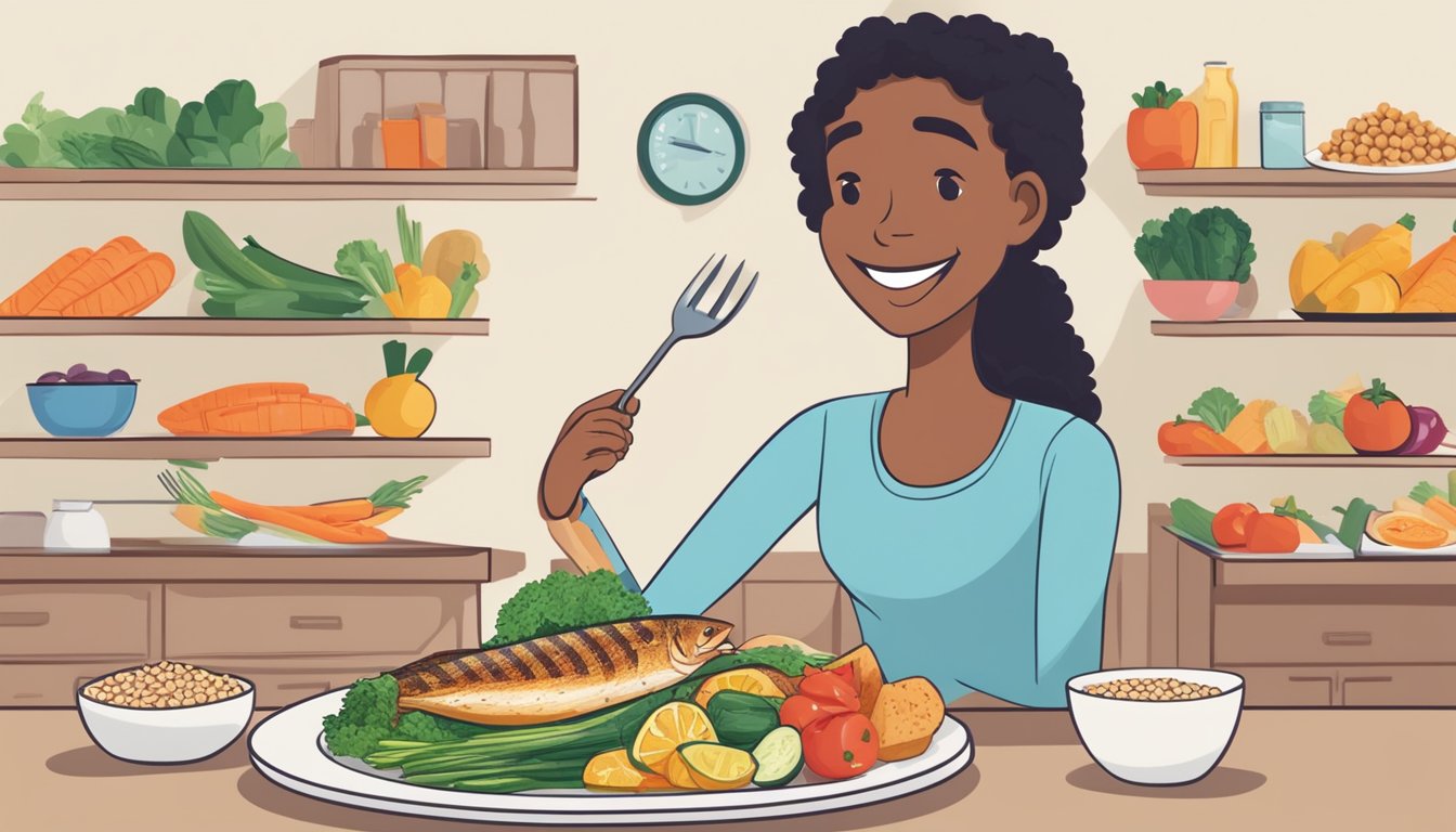 A person with diabetes happily eating a plate of grilled haddock alongside a colorful array of fresh vegetables and whole grains