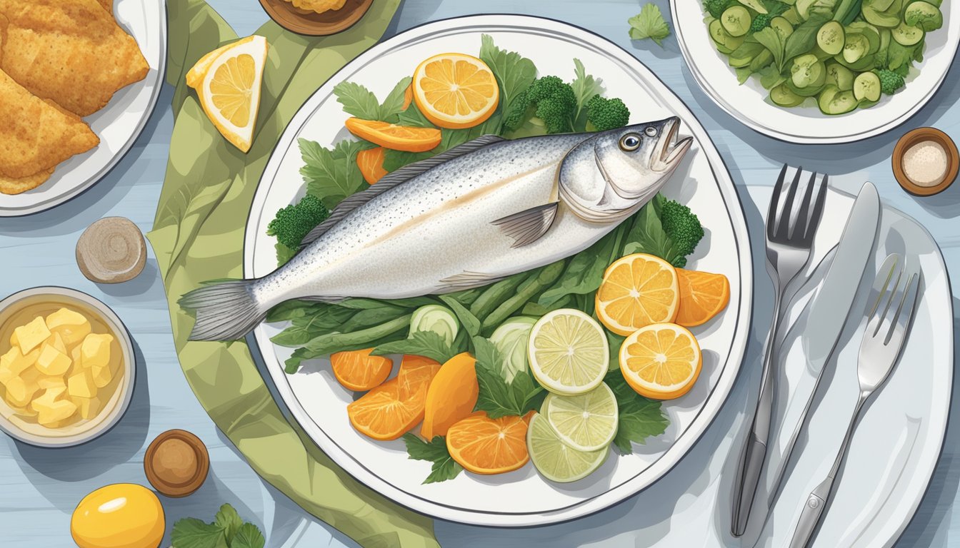 A plate of cooked haddock surrounded by various diabetes-friendly foods and a list of nutritional benefits for diabetics