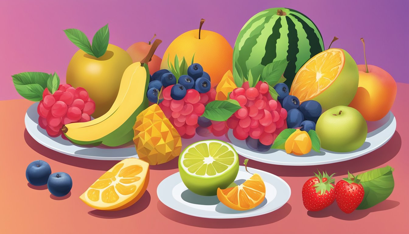 A colorful array of fruits, including halal fruit, arranged on a plate next to a diabetic meal plan guide