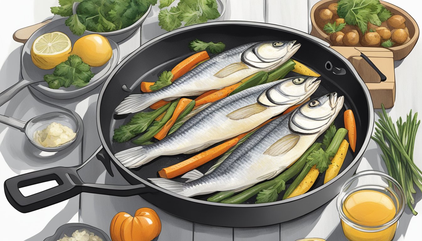 A person grilling haddock on a non-stick pan with vegetables on the side