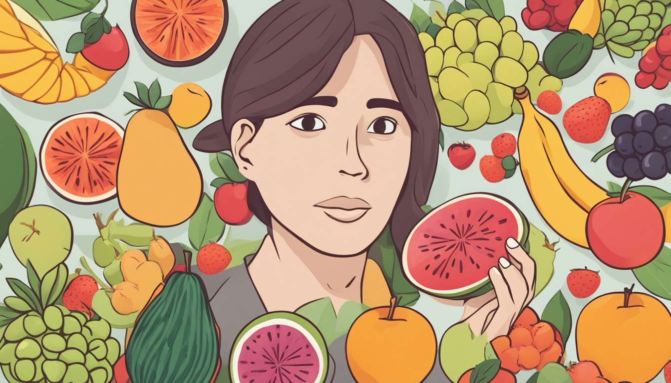 A diabetic person holding a hala fruit while surrounded by various types of fruits, with a clear indication of uncertainty and concern on their face