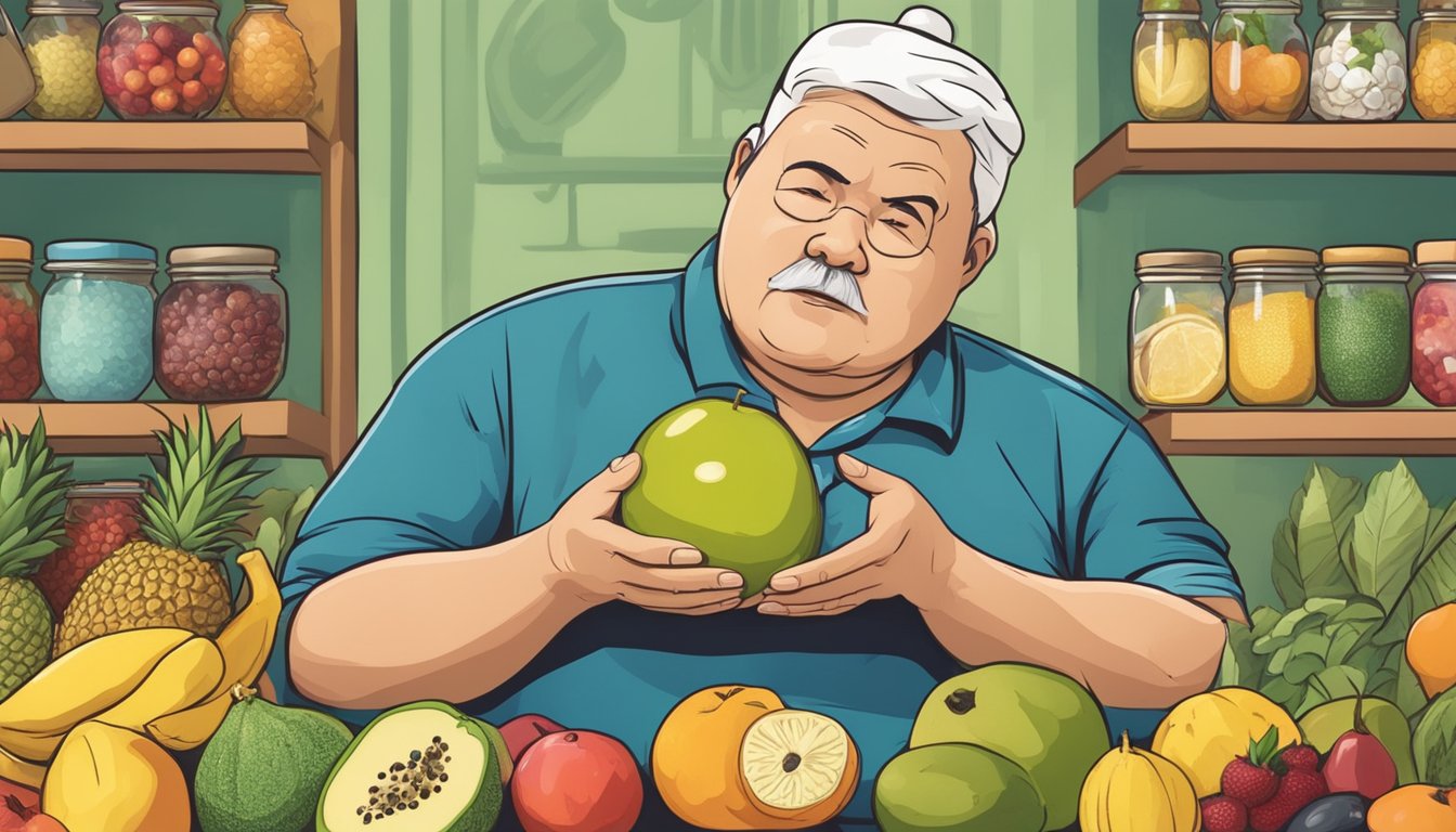 A diabetic cautiously holding a hala fruit, with a concerned expression on their face while surrounded by various food options