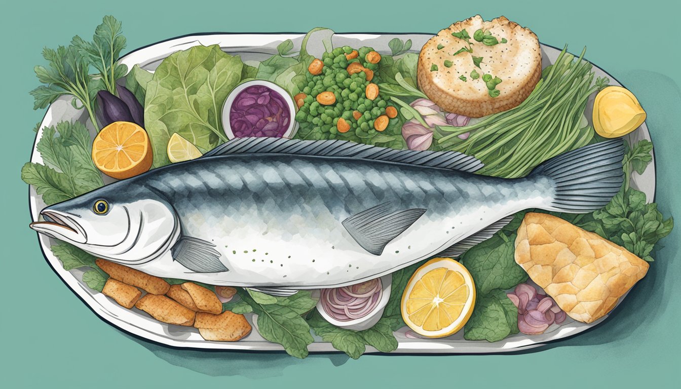 A person holding a plate of sustainably sourced halibut with various ethical food choices surrounding them